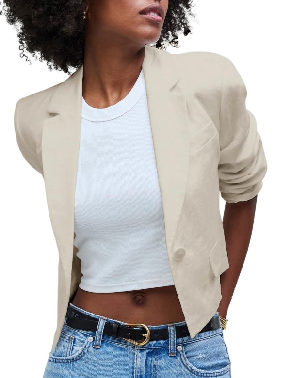 Womens Cropped Blazer Casual Lightweight Cotton Linen Blazer Suit Jackets