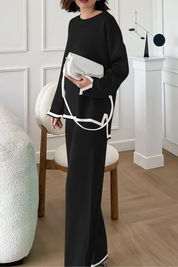 Women's 2 Piece Knit Sweater Set Casual Long Sleeve Pullover Wide Leg Pants Sweatsuit Tracksuit Outfit