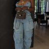 Women's Cargo Denim Jumpsuit Strapless Multi Pockets Wide Leg Loose Baggy Jean Romper Cargo Jeans