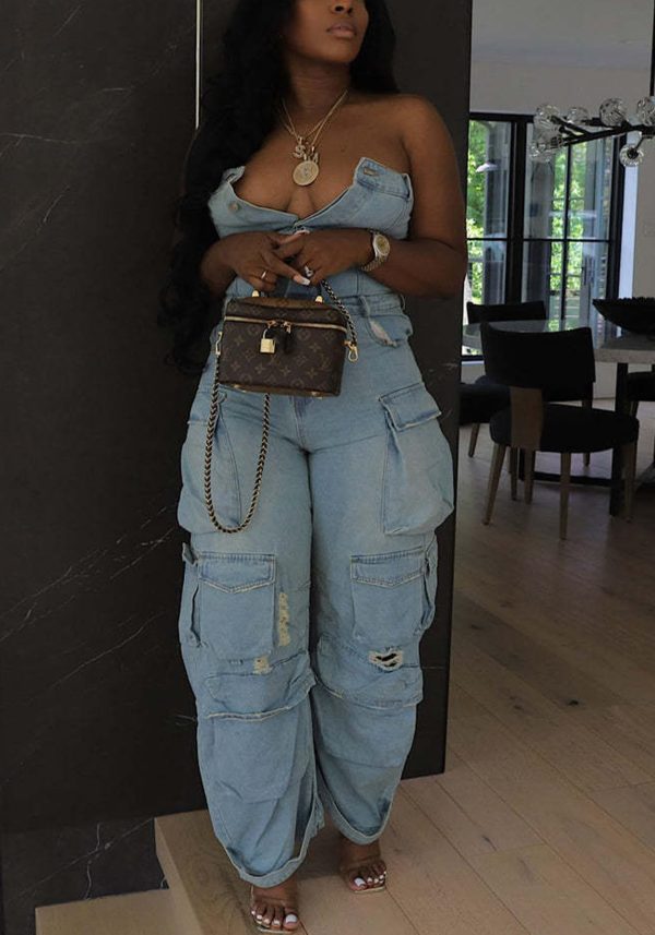 Women's Cargo Denim Jumpsuit Strapless Multi Pockets Wide Leg Loose Baggy Jean Romper Cargo Jeans