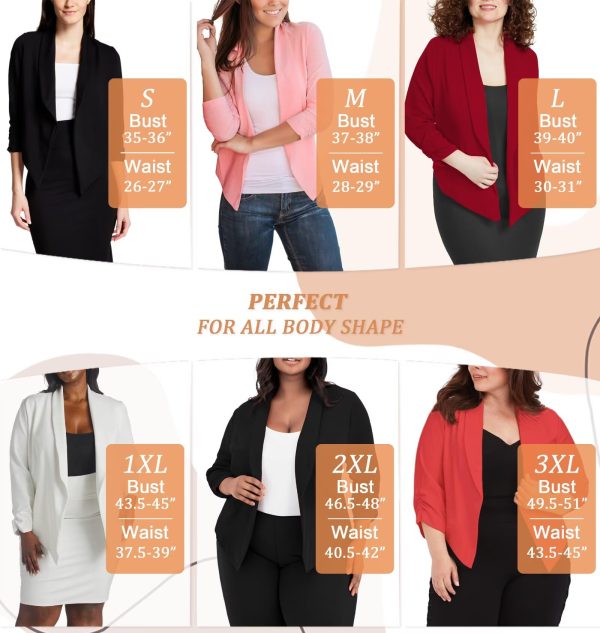 Women's Casual Work Office Blazer Jacket Open Front Shawl with 3/4 Scrunch Sleeves