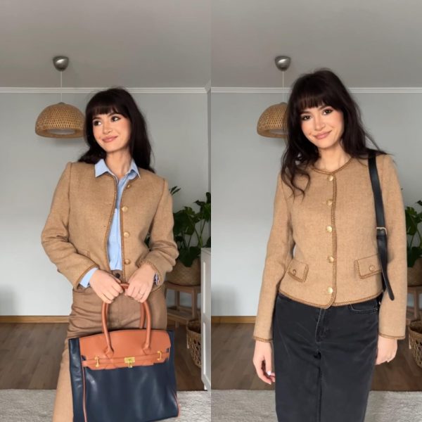 Wool Blend Tweed Blazers for Women Business Casual Knit Blazer Cropped Jacket for Women