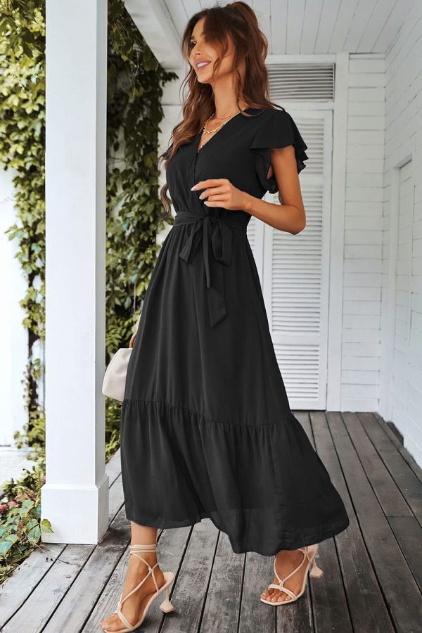 Women's Summer Floral Boho Maxi Dress Wrap Short Sleeve V Neck Ruffle A-Line Flowy Wedding Guest Long Dresses
