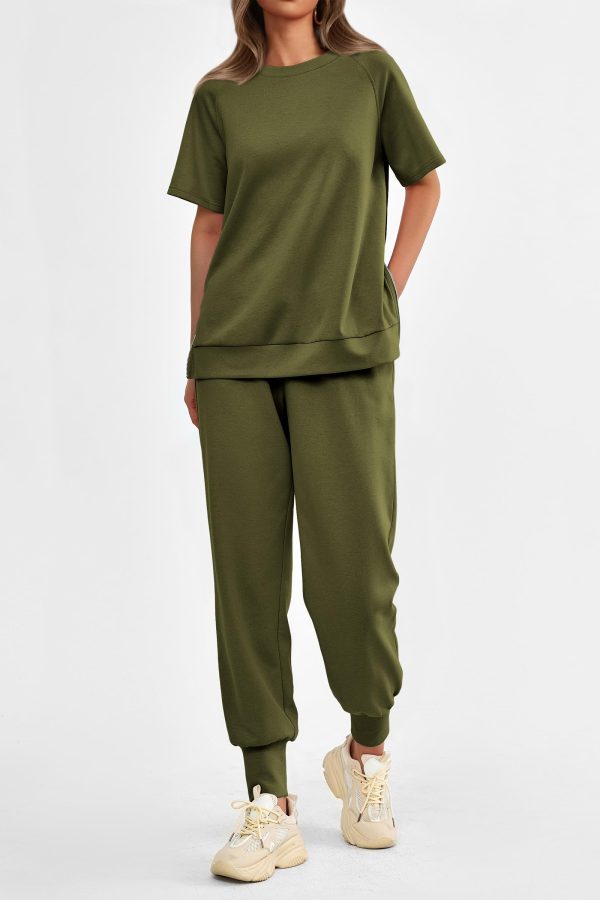 Women's Summer 2 Piece Outfit Tracksuits Casual Short Sleeve Tops High Waisted Sweatpants Set