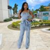 Denim Jumpsuit for Women Halter Wide Leg Ripped Jean Jumpsuits for Women with Belt Casual Denim Romper