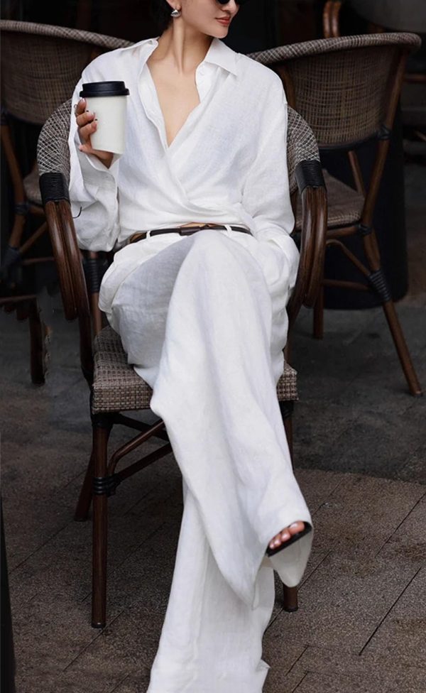 Women's Linen Business Set - Brown Shirt & Wide Leg Pants Elegant Professional Attire