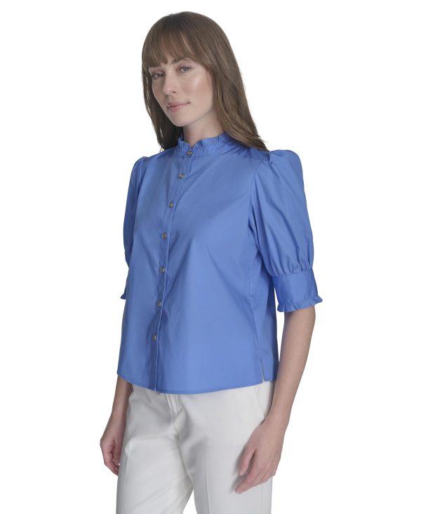 Women's Short Sleeve Ruffle Neck Button Front Shirt
