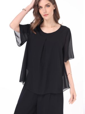 Women's 2 Piece Chiffon Sets Outfits Flowy Summer Casual Dressy Pantsuits Double Layers Blouse Capris Pants Suits