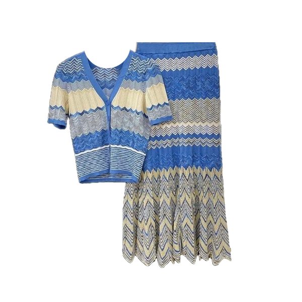 Women's Striped Knit Set - V-Neck Short Sleeve Top & Midi Skirt