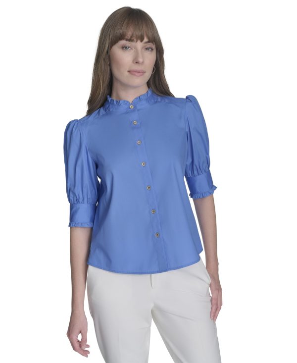 Women's Short Sleeve Ruffle Neck Button Front Shirt