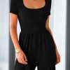 Women's Summer One Piece Jumpsuits Dressy Casual Short Sleeve Square Neck Wide Leg Jumpsuit Rompers