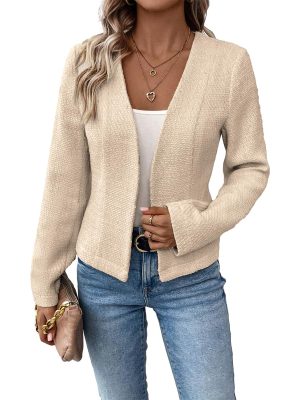 2025 Women's Spring Tweed Blazer Fully-Lined Collarless Open Front Elegant Petite Cute Fashion Casual Work Jacket