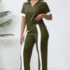 Women's Lounge 2 Peice Outfit Dressy Casual Short Sleeve Flared Slit Wide Leg Pants Set Match Sweatsuit