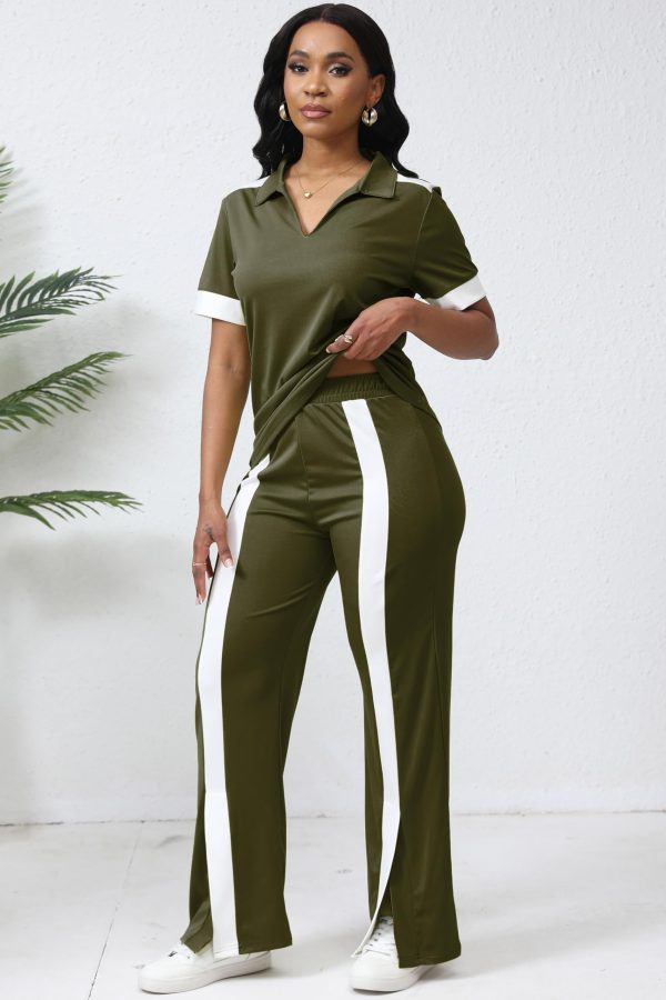 Women's Lounge 2 Peice Outfit Dressy Casual Short Sleeve Flared Slit Wide Leg Pants Set Match Sweatsuit