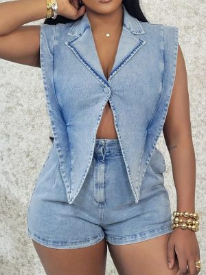 Womens Denim Romper Y2k Sleeveless V Neck Lapel Blazers Vest Work Business Short Jeans Jumpsuits