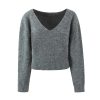 Women's Knit Maxi Set - Bat Wing Sleeve V-Neck Sweater & A-Line Contour Skirt in Heather Gray