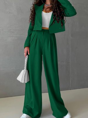 71YOyFcW6zL.jpg Women's 2 Piece Casual Outfits Cropped Blazer Jackets High Waisted Wide Leg Work Pants Suit Set