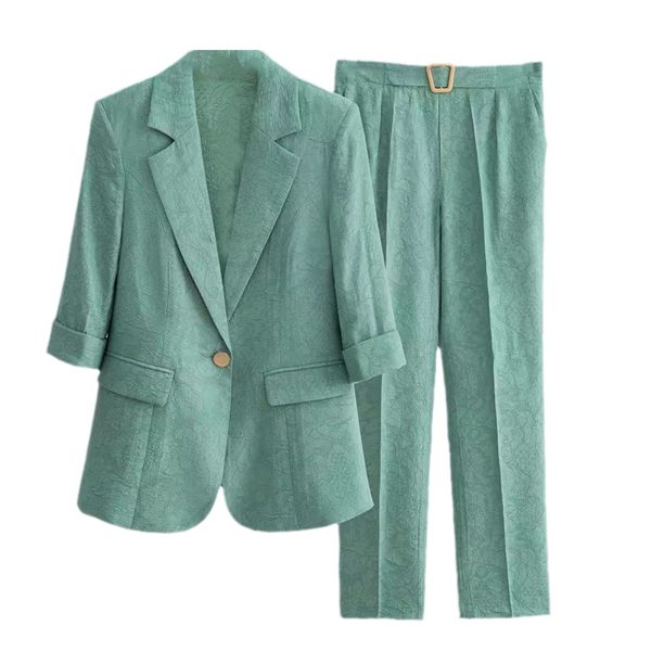Fashion Suit Elegant Women's Summer Thin Three-Quarter Sleeves Printed Coat Straight Leg Pants Two-Piece Set