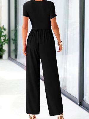 Women's Summer One Piece Jumpsuits Dressy Casual Short Sleeve Square Neck Wide Leg Jumpsuit Rompers