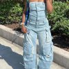 Women's Cargo Denim Jumpsuit Strapless Multi Pockets Wide Leg Loose Baggy Jean Romper Cargo Jeans