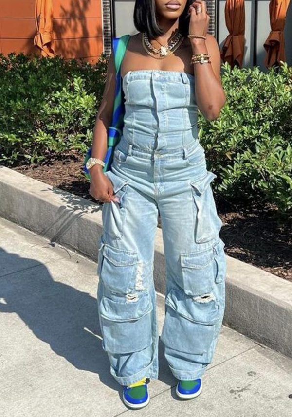 Women's Cargo Denim Jumpsuit Strapless Multi Pockets Wide Leg Loose Baggy Jean Romper Cargo Jeans