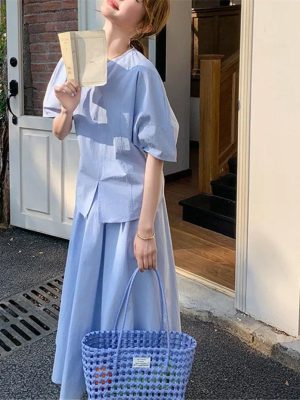 Women's French Style Summer 2-Piece Set Elegant V-Neck Short Sleeve Shirt and High Waist Skirt Outfit