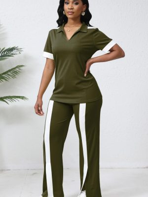 Women's Lounge 2 Peice Outfit Dressy Casual Short Sleeve Flared Slit Wide Leg Pants Set Match Sweatsuit