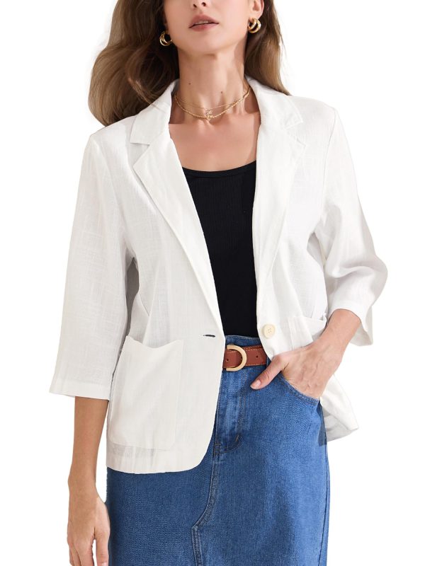 Women's Linen Blazer 2025 Summer Lightweight 3/4 Sleeves Casual Office Work One Button Notched Lapel Suit Jacket