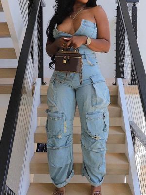 Women's Cargo Denim Jumpsuit Strapless Multi Pockets Wide Leg Loose Baggy Jean Romper Cargo Jeans