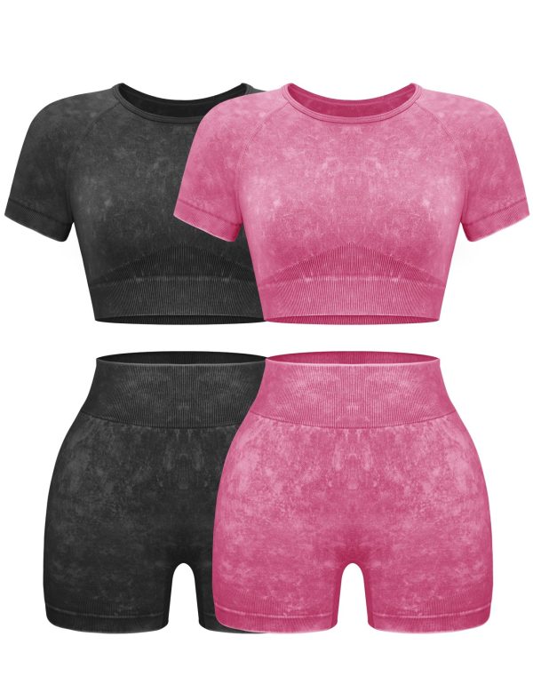 Womens Workout Sets 2 Piece - Seamless Acid Wash Yoga Outfits Shorts and Crop Top Matching Gym Athletic Clothing Set