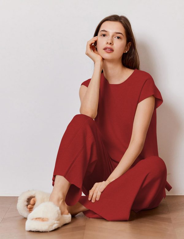 Lounge Sets for Women Two Piece Outfits Knit Cap Sleeve Tops Wide Leg Pleated Pants Casual Dressy Sweater Sets