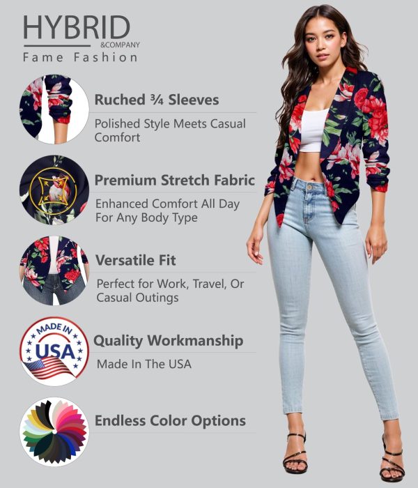 Women's Casual Work Office Blazer Jacket Open Front Shawl with 3/4 Scrunch Sleeves