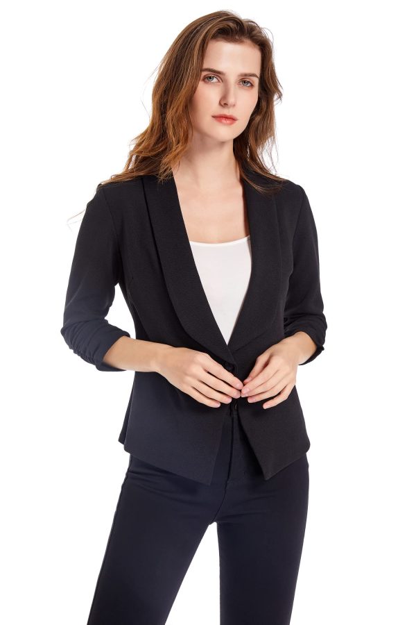Women's Soft Stretchy Lightweight Cardigan Blazer One Button 3/4 Ruched Sleeve Business Casual Blazer Jackets