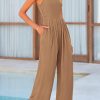Womens Summer Jumpsuits Dressy Casual One Piece Outfits Sleeveless Mock Neck Wide Leg Pants Rompers with Pockets