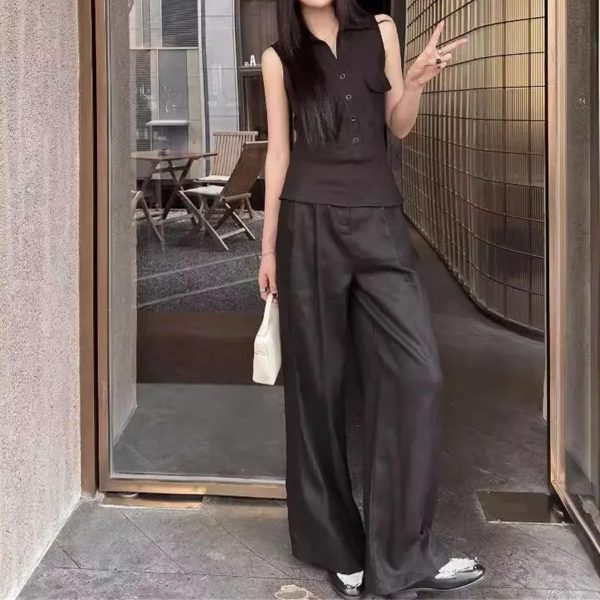 Women's Linen Vest Set - High Waist Wide Leg Pants