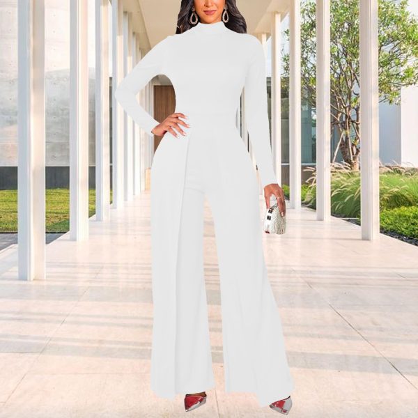 Women's Casual Long Sleeve Round Neck Jumpsuits Work Wide Leg Pants Club Party Loose Rompers