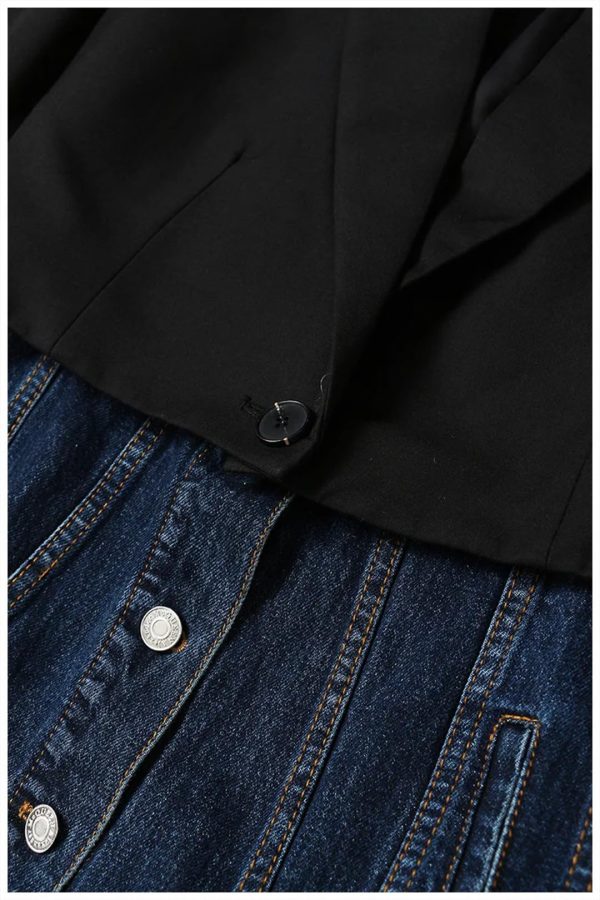 Women Blazer Denim Patchwork Fake Two Blazers And Jackets Color Matching Asymmetry Suit Coats