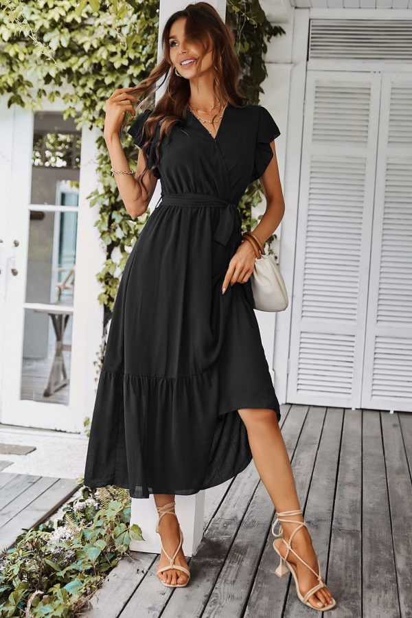 Women's Summer Floral Boho Maxi Dress Wrap Short Sleeve V Neck Ruffle A-Line Flowy Wedding Guest Long Dresses