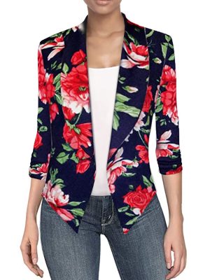 Women's Casual Work Office Blazer Jacket Open Front Shawl with 3/4 Scrunch Sleeves