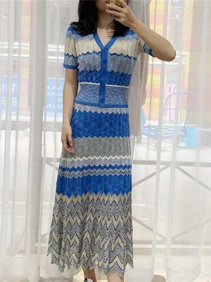 Women's Striped Knit Set - V-Neck Short Sleeve Top & Midi Skirt