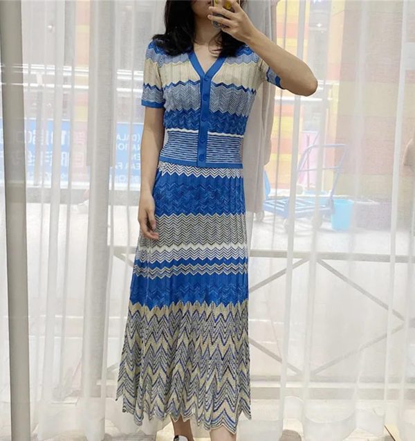 Women's Striped Knit Set - V-Neck Short Sleeve Top & Midi Skirt