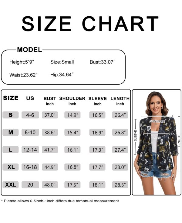 Womens Chiffon Blazer 3/4 Sleeve Shawl Collar Open Front Blazers Casual Work Office Cardigan Suit Jacket