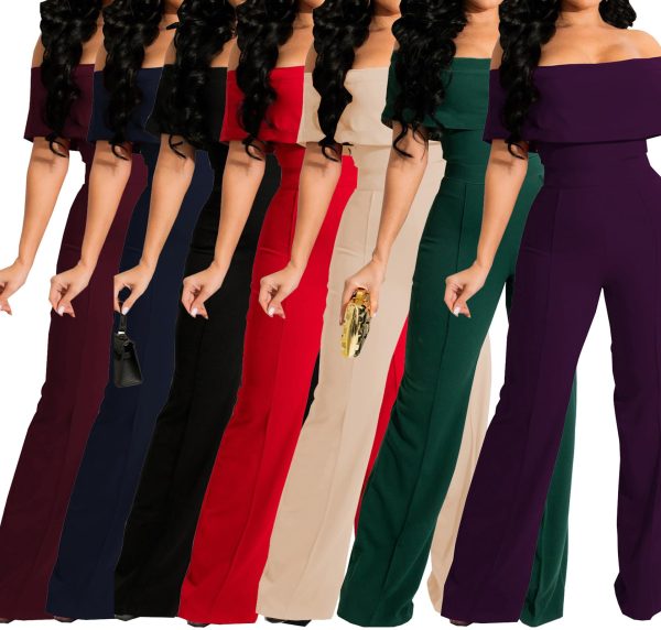 Women's Sexy Off Shoulder Ruffle Jumpsuits Elegant Wide Leg Long Pants Clubwear Rompers with Pockets
