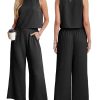 Women's Summer 2 Piece Outfits Set Round neck Sleeveless Tank Crop Top Wide Leg pants Set Pockets Jumpsuits