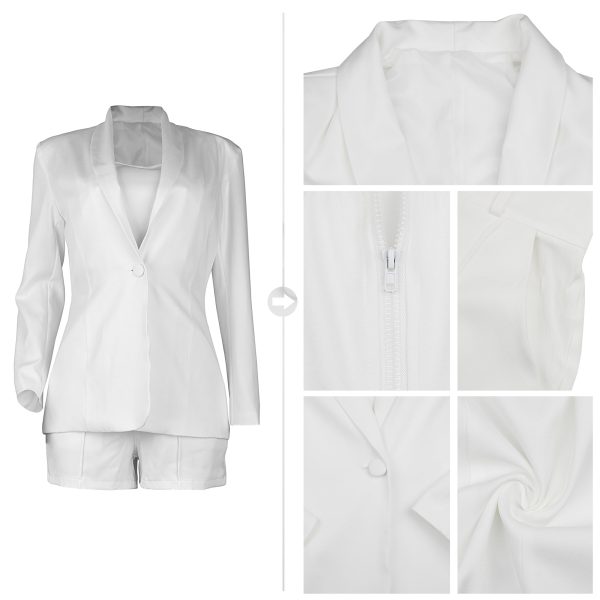 Women Sexy Bussiness Outfits 3 Piece Open Front Button Blazers + Crop Tops + Belted Shorts Set Jumpsuits