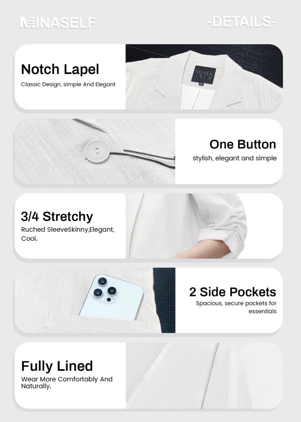 2025 Summer Linen Blazer Women Lightweight 3/4 Stretchy Ruched Sleeve Fully-Lined Casual Work Jacket with Pockets