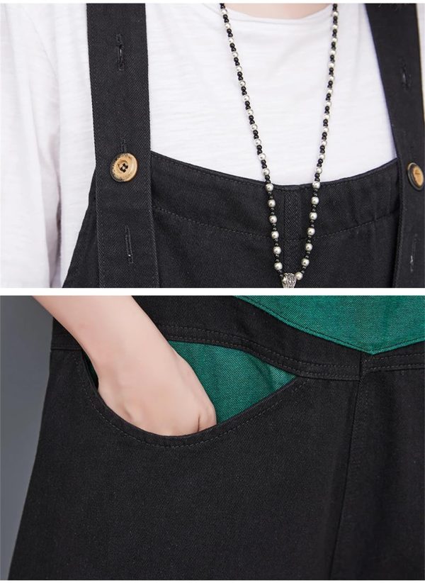 Women Loose Vintage Streetwear Wide Leg Jumpsuits Denim Overalls Spliced Black Cartoon Printed Jumpsuits