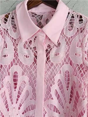 Summer Maxi Dress Women Slim Fit Full Lantern Sleeve Lace Dress Hollow Out Lapel with Belt Elegant Office Work Long Dresses