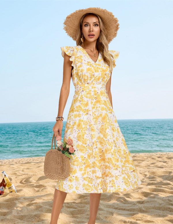 Womens Dresses Summer Short Sleeve Ruffle Floral V Neck Flowy Aline Casual Tiered Wedding Guest Midi Sundress