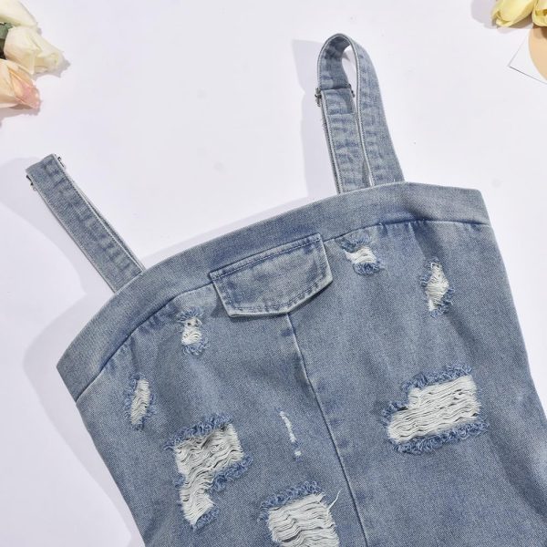 Denim Jumpsuit for Women Halter Wide Leg Ripped Jean Jumpsuits for Women with Belt Casual Denim Romper
